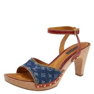 Pre Owned Louis Vuitton Blue Monogram Denim and Crocodile Ankle Strap Clog Sandals Size 40