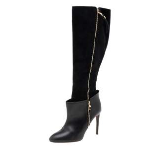 Louis Vuitton Black Leather And Suede Knee Length Boots Size 39.5