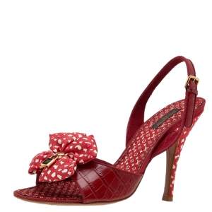 Pre Owned Louis Vuitton Red Croc Embossed And Patent Leather Printed Silk Bow Lock Charm Sandals Size 39.5