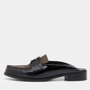 Pre Owned Louis Vuitton Brown/Black Monogram Canvas And Patent Leather Academy Open Loafer Flats Size 39