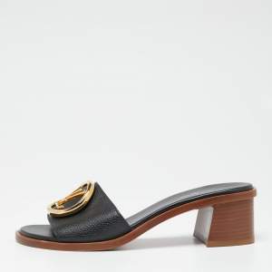 Pre Owned Louis Vuitton Black Leather Lock It Slide Sandals Size 36