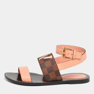 Pre Owned Louis Vuitton  Brown/Pink Damier Canvas and Leather Passenger Flat Sandals Size 37.5