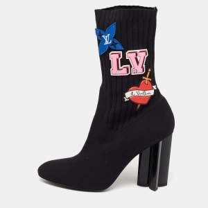 مملوكة مسبقًا Louis Vuitton Black Stretch Fabric LV Black Heart Sock Ankle Boots Size 36.5