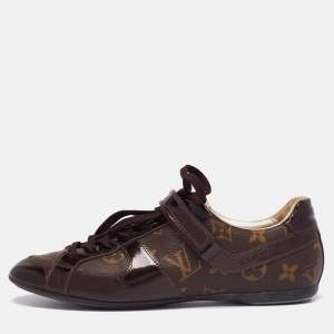 Louis Vuitton Brown Patent Leather And Monogram Canvas Lace Up Sneakers Size 36.5