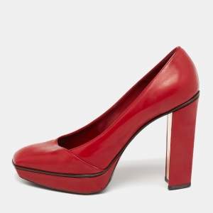 Pre Owned Louis Vuitton Red Patent Leather Platform Block Heel Pumps Size 38
