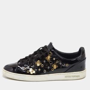 Louis Vuitton Black Patent Leather Frontrow Blossom Floral Embellished Low Top Sneakers Size 40