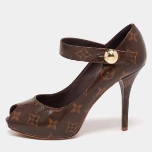 Pre Owned Louis Vuitton Brown Monogram Canvas Ritual Mary Jane Peep Toe Pumps Size 36
