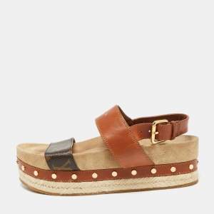 Louis Vuitton Brown Monogram Canvas and Leather Timelapse Espadrille Sandals Size 36.5