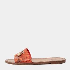 Louis Vuitton Orange/Brown Snakeskin Leather Lock It Flat  Sandals Size 38