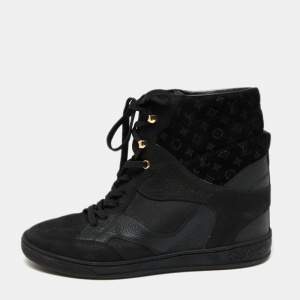 Louis Vuitton Black Leather and Embossed Monogram Suede Millenium Wedge High-Top Sneakers Size 38.5