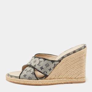 Pre Owned Louis Vuitton Two Tone Monogram Canvas and Patent Leather Espadrille Wedge Slide Sandals Size 41