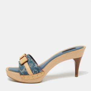 Louis Vuitton Blue/Beige Monogram Canvas and Leather Bow Grenadine Platform Slide Sandals Size 40.5