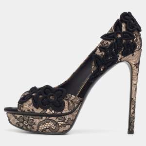 مملوكة مسبقًا Louis Vuitton Black/Beige Lace And Satin Embellished Open Toe D'orsay Pumps Size 36.5