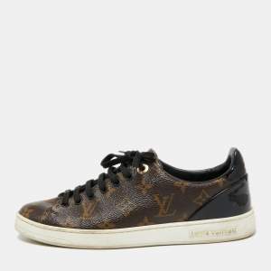 Louis Vuitton Brown Monogram Canvas and Black Patent Leather Frontrow Low Top Sneakers Size 38