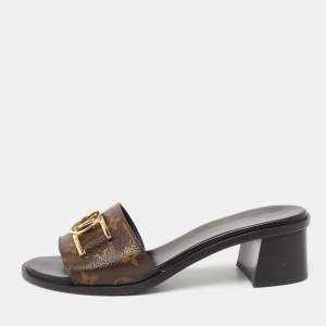 Pre Owned Louis Vuitton Brown Monogram Canvas Lock It Slide Sandals Size 38