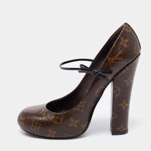 Pre Owned Louis Vuitton Dark Brown Monogram Canvas Mary Jane Pumps Size 38