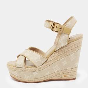 Louis Vuitton Beige Monogram Canvas Formentera Espadrille Wedge Platform Ankle Strap Sandals Size 37.5