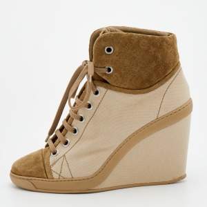 Louis Vuitton Beige/Olive Green Canvas And Monogram Embossed Suede Wedge Sneakers Size 39.5