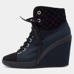 Louis Vuitton Black/Blue Monogram Embossed Suede And Canvas Cap Toe Wedge Sneakers Size 39.5