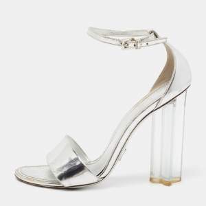 Louis Vuitton Silver Leather Block Heel Ankle Strap Sandals Size 38.5