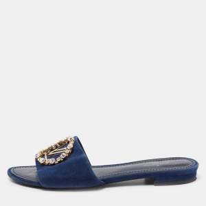 Pre Owned Louis Vuitton Blue Suede Madeleine Flat Slide Sandals Size 36