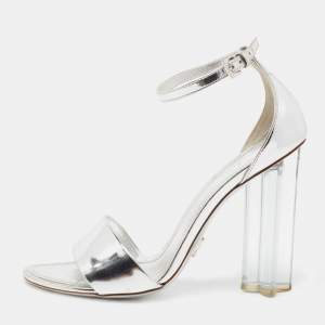 Louis Vuitton Silver Leather Ankle Strap Crystal Flower Sandals Size 38