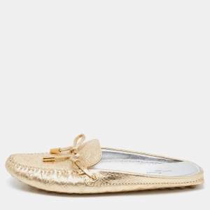 Pre Owned Louis Vuitton Metallic Gold Monogram Leather Gloria Flats Size 36.5