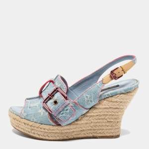 مملوكة مسبقًا Louis Vuitton Light Blue Monogram Denim Open-Toe Espadrille Wedge Platform Slingback Sandals Size 38