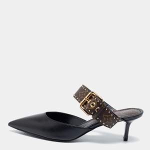 Pre Owned Louis Vuitton Black Leather And Monogram Canvas Slide Sandals Size 38 