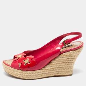 Louis Vuitton Hot Pink Patent Leather Floral Applique Espadrille Wedge Platform Slingback Sandals Size 41