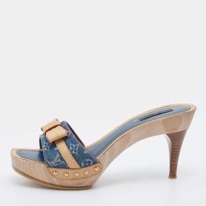 مملوكة مسبقًا Louis Vuitton Blue/Beige Monogram Denim And Leather Bow Grenadine Platform Slide Sandals Size 37.5