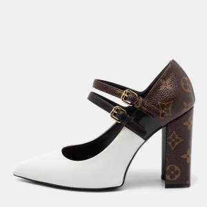 Pre Owned Louis Vuitton White/Brown Monogram Canvas and Leather Mary Jane Pumps Size 37