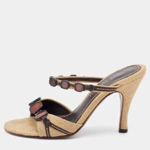 Louis Vuitton Beige Embellished Canvas and Leather Slide Sandals Size 39