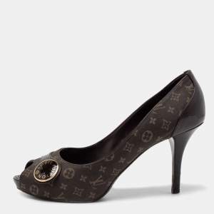Pre Owned Louis Vuitton Dark Brown Monogram Canvas and Patent Leather Judy Peep-Toe Pumps Size 37