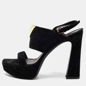 Louis Vuitton Black Suede Platform Slingback Sandals Size 37.5