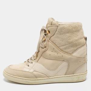 Louis Vuitton Off White Monogram Suede And Leather Cliff Top Wedge Sneakers Size 38