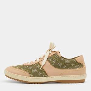 Louis Vuitton Green/Beige Monogram Denim And Leather Low Top Sneakers Size 38.5
