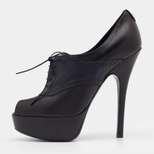 Louis Vuitton Black/Navy Blue Leather Peep Toe Platform Lace Up Booties Size 39