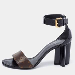 Pre Owned Louis Vuitton Brown/Black Monogram Canvas and Patent Leather Ankle Strap Sandals Size 39