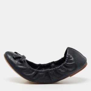 Pre Owned Louis Vuitton Blue Mahina Leather Bow Scrunch Ballet Flats Size 38