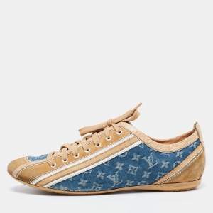 Louis Vuitton Blue/Beige Monogram Denim and Crocodile Impulsion Sneakers Size 37.5