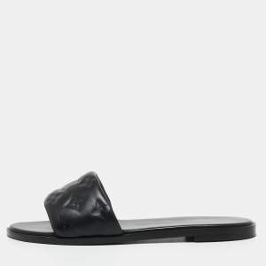 Pre Owned Louis Vuitton Black Monogram Embossed Leather Revival Flat Slides Size 38