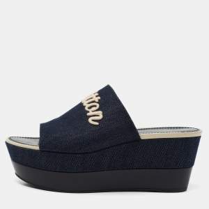Pre Owned Louis Vuitton Navy Blue Denim And Leather Wedge Slide  Sandals Size 40