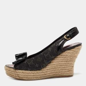 Louis Vuitton Black Monogram Denim And Patent Leather Bow Espadrille Platform Wedge Slingback Sandals Size 39