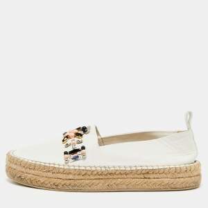 Pre Owned Louis Vuitton White Leather Crystal Embellished Espadrille Flats Size 39.5