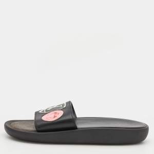 Louis Vuitton Black Leather LV Flamingo Flat Slide Sandals Size 40