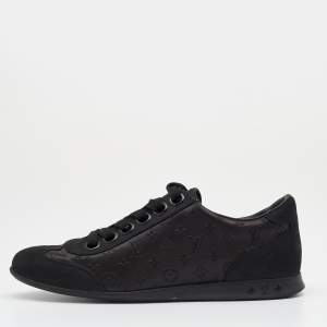Louis Vuitton Black Monogram Satin And Leather Lace Up Sneakers Size 38.5