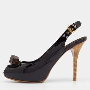 Louis Vuitton Dark Brown Patent Leather Peep Toe Slingback Platform Sandals Size 39