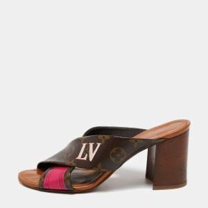 Pre Owned Louis Vuitton Brown/Pink Monogram Canvas Panorama Slide Mule Sandals Size 37.5