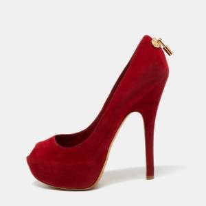Pre Owned Louis Vuitton Red Suede Oh Really! Peep-Toe Pumps Size 38